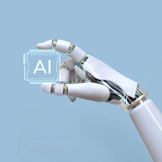 Robotic hand holding a digital AI chip symbolizing artificial intelligence technology and it is symbolizing better use of AI thats used by the best freelance digital marketer in kasaragod who is also a best seo expert from kasaragod